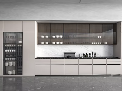 Modern Kitchen Cabinets With White Bodies Wood Upper Glass Doors And Marble Countertop 3d model