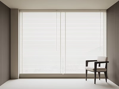 White Window Blinds in Modern Minimalist Room with Large Window and Wooden Chair 3d model