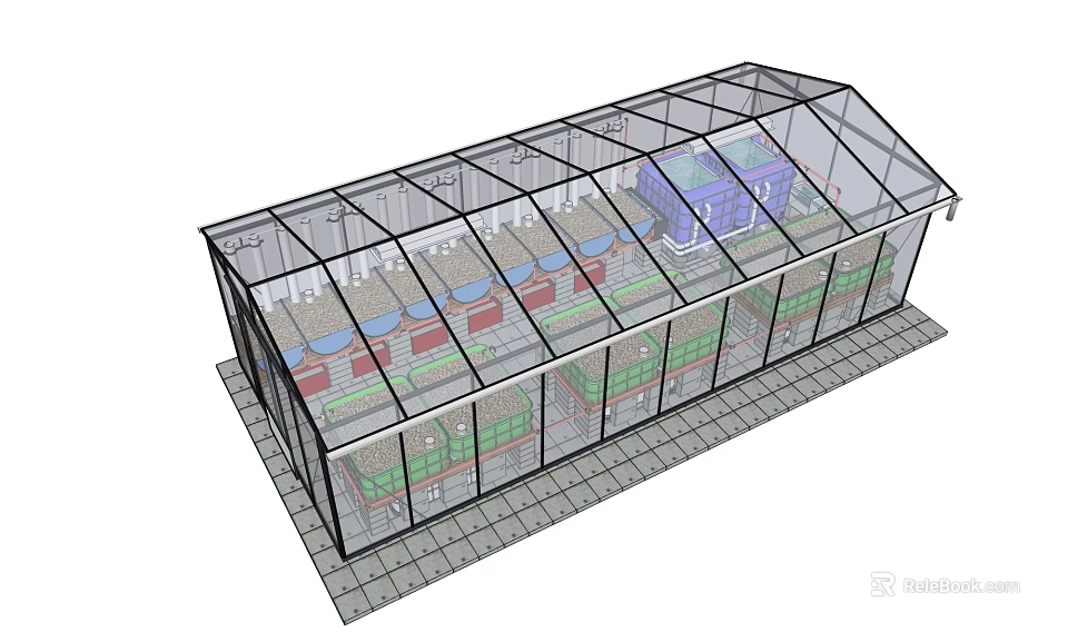 Modern Glass Greenhouse Structure Featuring Transparent Roof And Plants In Planting Beds 3d model 