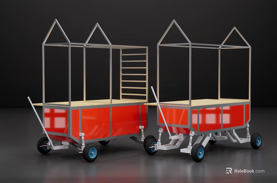 Red Metal Frame Utility Carts With White Grid Windows Wheels And Ladder 3d model