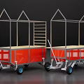 Red Metal Frame Utility Carts With White Grid Windows Wheels And Ladder 3d model