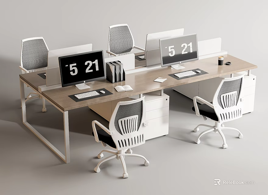 Modern Office Desk with Multiple Workstations Mesh Chairs and Computer Monitors 3d model