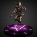 Game Character Holding Sword with Purple Magic in Leather Armor on Glowing Base