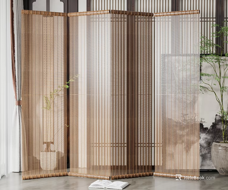 Bamboo Folding Room Divider Screen With Natural Rattan Texture For Interior Decor 3d model