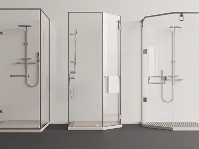 Modern Shower Sauna Design With Transparent Glass Cabins And Three Styles 3d model