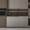 Elegant Modern Kitchen Interior With Wooden And Gray Cabinets Oven And Open Storage Shelves