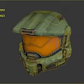 Futuristic Green Tactical Helmet With Orange Visor And Weathered Armored Surface