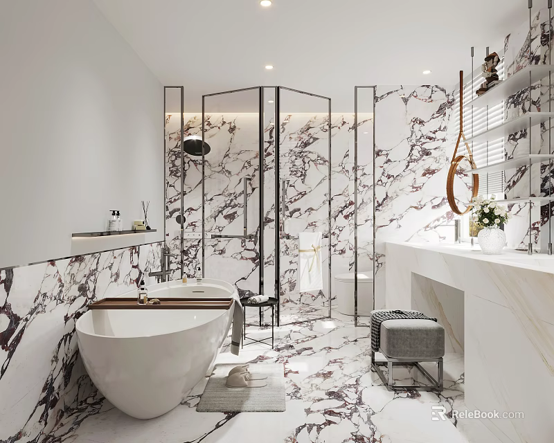 Elegant Modern Bathroom Interior With Marble Tiles Freestanding Bathtub And Glass Shower 3d model 