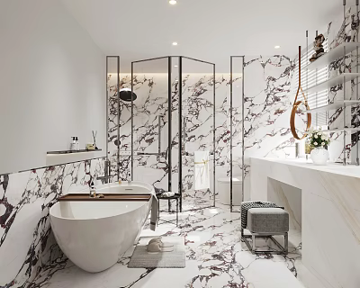 Elegant Modern Bathroom Interior With Marble Tiles Freestanding Bathtub And Glass Shower 3d model