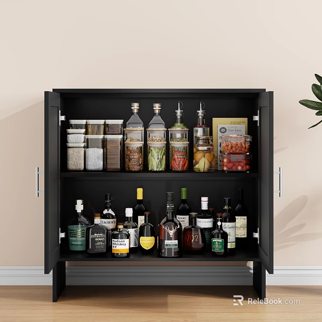 Black Storage Cabinet With Glass Jars Of Grains Spices And Wine Bottles 3d model 