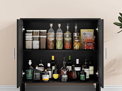 Black Storage Cabinet With Glass Jars Of Grains Spices And Wine Bottles 3d model