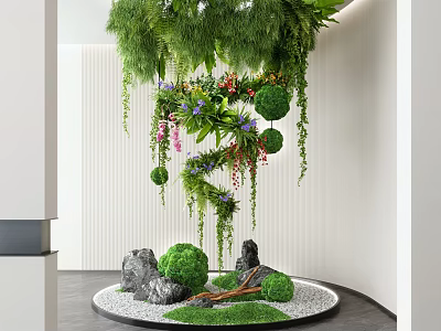 Indoor Landscape With Hanging Green Plants Trailing Vines Spherical Greenery Stones And Moss Balls 3d model