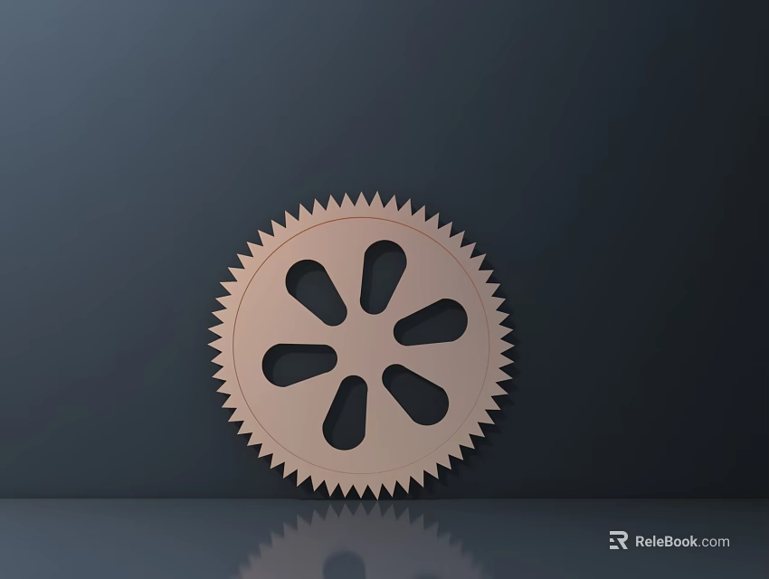 Wooden Gear Design With Toothed Edge And Circular Holes Against Dark Background With Reflection 3d model 