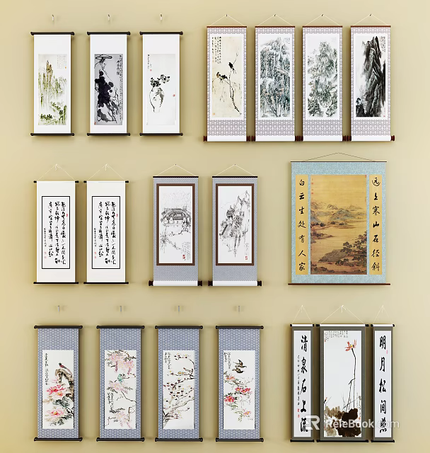 Traditional Chinese Landscape Ink Paintings On Scrolls With Calligraphy Hanging Decor 3d model 