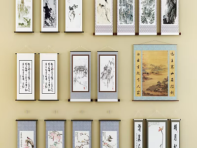 Traditional Chinese Landscape Ink Paintings On Scrolls With Calligraphy Hanging Decor 3d model
