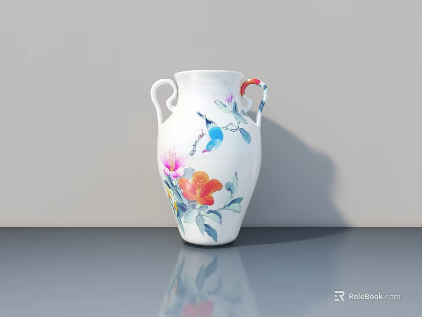 White Ceramic Vase With Two Handles And Colorful Floral Bird Patterns 3d model 