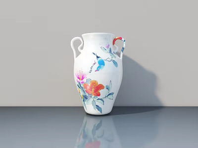 White Ceramic Vase With Two Handles And Colorful Floral Bird Patterns 3d model