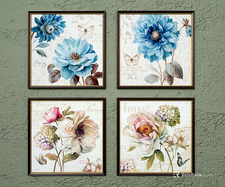 Colorful Botanical Paintings with Blue Pink Flowers Butterflies and Leaves on Green Wall 3d model 