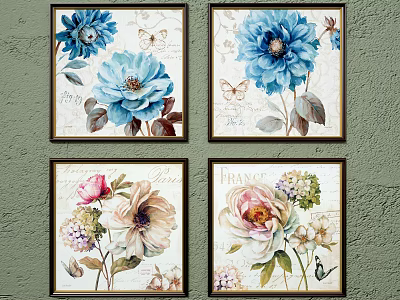 Colorful Botanical Paintings with Blue Pink Flowers Butterflies and Leaves on Green Wall 3d model