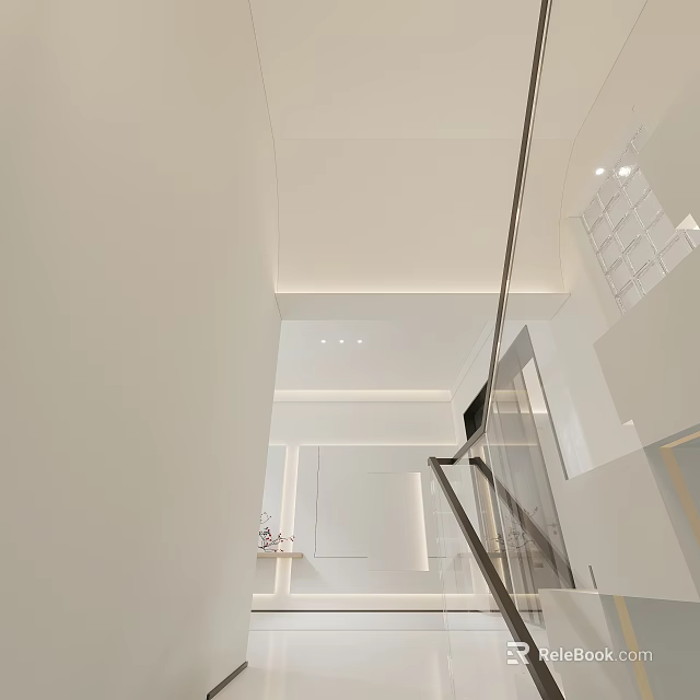 Modern Minimalist Entryway Hallway Interior Design With Glass Railing And Ceiling Lights 3d model 