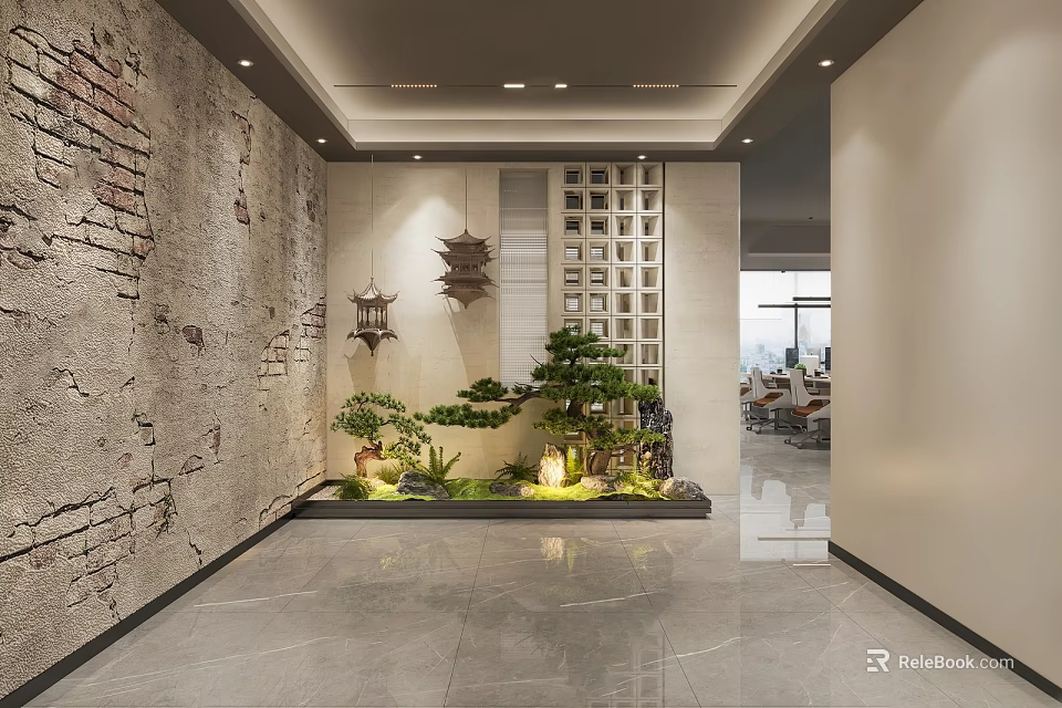 Entryway Hall Interior Design With Brick Wall Wall Lamps Chinese Decor Green Plants Marble Floor 3d model 