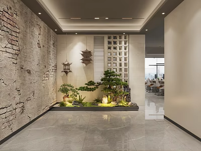 Entryway Hall Interior Design With Brick Wall Wall Lamps Chinese Decor Green Plants Marble Floor 3d model