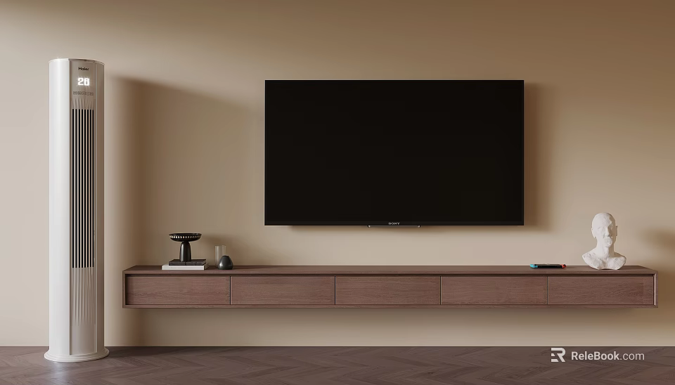 Modern Walnut TV Stand with Black TV on Beige Wall and Decorative Items 3d model 