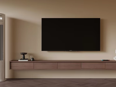 Modern Walnut TV Stand with Black TV on Beige Wall and Decorative Items 3d model