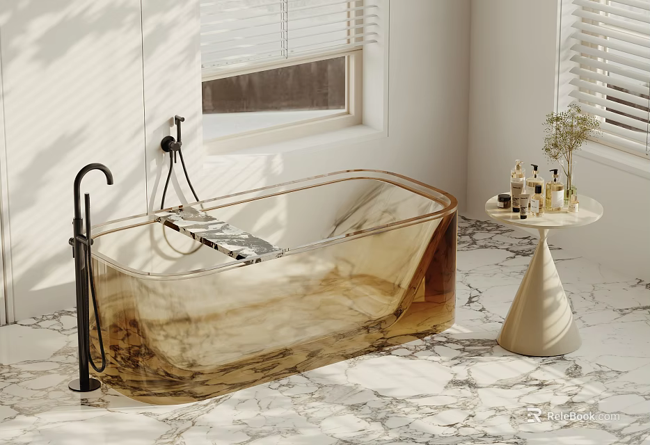 Luxury Amber Transparent Bathtub With Black Faucet Shower And Marble Floor In Bright Bathroom Interior 3d model 