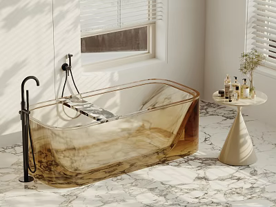 Luxury Amber Transparent Bathtub With Black Faucet Shower And Marble Floor In Bright Bathroom Interior 3d model