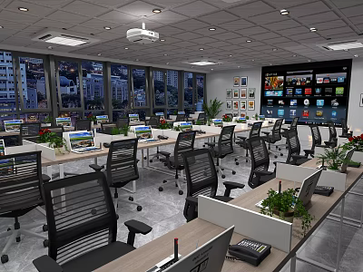 Public Office Space With Multiple Desks Computers Ergonomic Chairs Large Windows And Green Plants 3d model