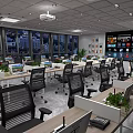 Public Office Space With Multiple Desks Computers Ergonomic Chairs Large Windows And Green Plants 3d model
