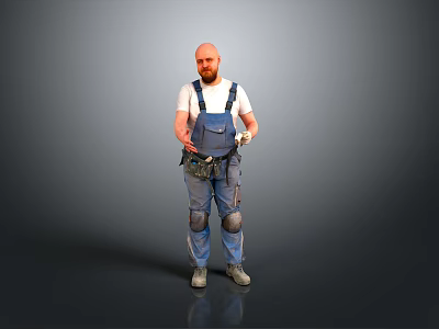 Man in Blue Overalls and White T-Shirt with Knee Pads holding Tools against Gray Background 3d model
