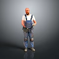 Man in Blue Overalls and White T-Shirt with Knee Pads holding Tools against Gray Background