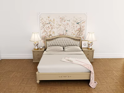 Elegant Double Bed with Floral Bird Pattern Wallpaper and Bedside Table Lamps 3d model