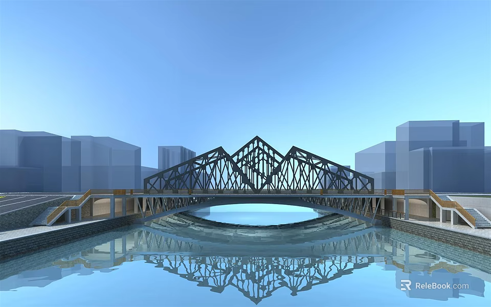 Modern Metal Structure Bridge Spanning Urban Waterfront With Clear Reflection 3d model 
