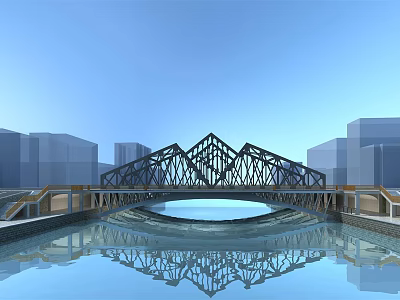 Modern Metal Structure Bridge Spanning Urban Waterfront With Clear Reflection 3d model