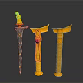 Three Decorative Weapons With Gold And Silver Intricate Ornate Carved Designs