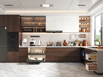 Modern Kitchen Interior Design With Wooden White Cabinets Marble Countertops And Appliances 3d model