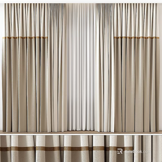Elegant Beige And White Curtains With Gold Trim For Modern Interior Decor 3d model 