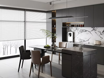 Modern Restaurant Interior With Open Kitchen Marble Countertop Dining Table Chairs Blinds And Potted Plant 3d model