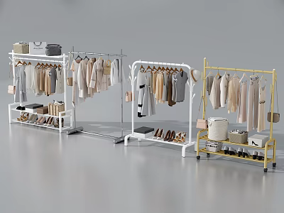 Clothing Racks With Hanging Dresses Shirts And Accessories For Retail 3d model