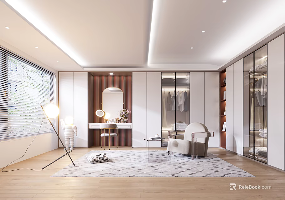 Modern Walk in Closet Interior Design With Glass Doors Wooden Accents And Dressing Table Mirror 3d model 