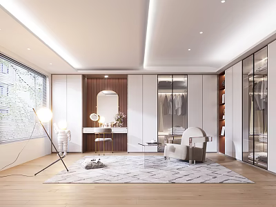 Modern Walk in Closet Interior Design With Glass Doors Wooden Accents And Dressing Table Mirror 3d model