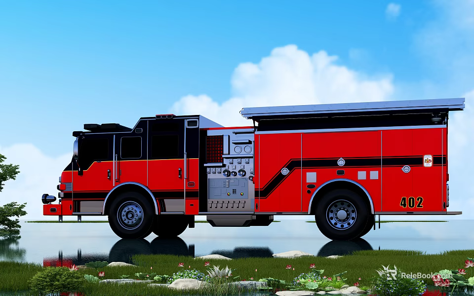 Red Fire Truck Number 402 Against Blue Sky White Clouds Grass Stones And Water Reflection 3d model 
