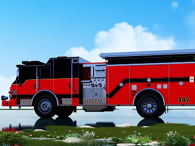 Red Fire Truck Number 402 Against Blue Sky White Clouds Grass Stones And Water Reflection 3d model