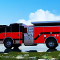Red Fire Truck Number 402 Against Blue Sky White Clouds Grass Stones And Water Reflection