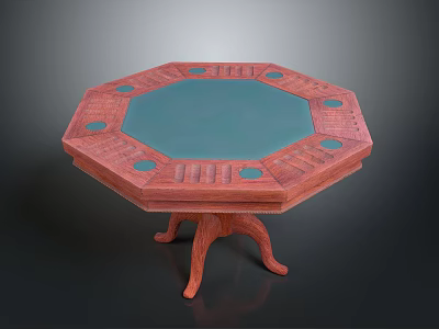 Octagonal Wooden Table with Blue Surface and Circular Dots Decorations on Three Legged Base 3d model