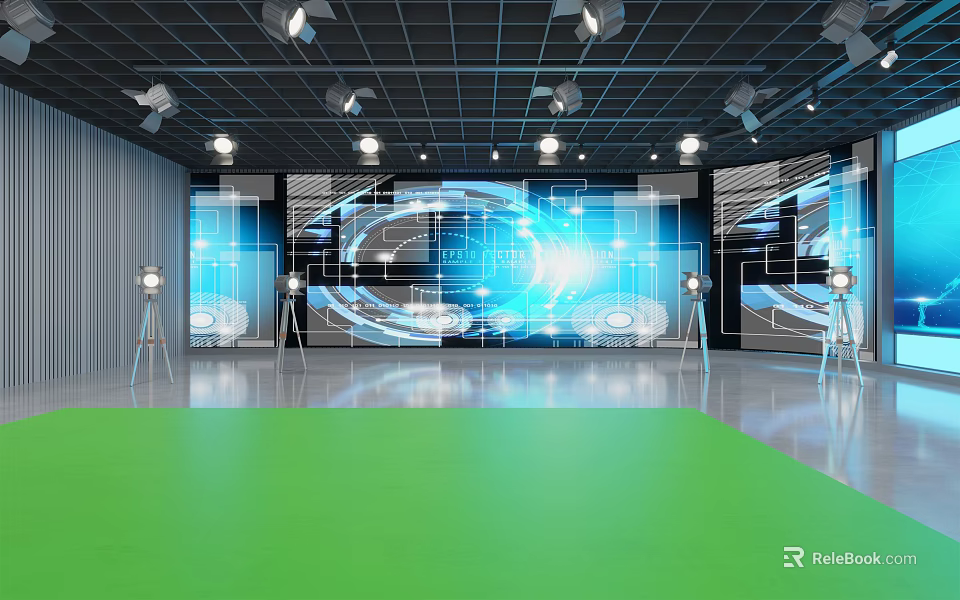 Modern Tech Stage With Green Floor Blue LED Screens And Lighting Equipment 3d model 