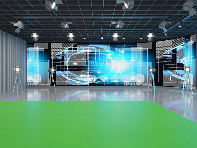 Modern Tech Stage With Green Floor Blue LED Screens And Lighting Equipment 3d model